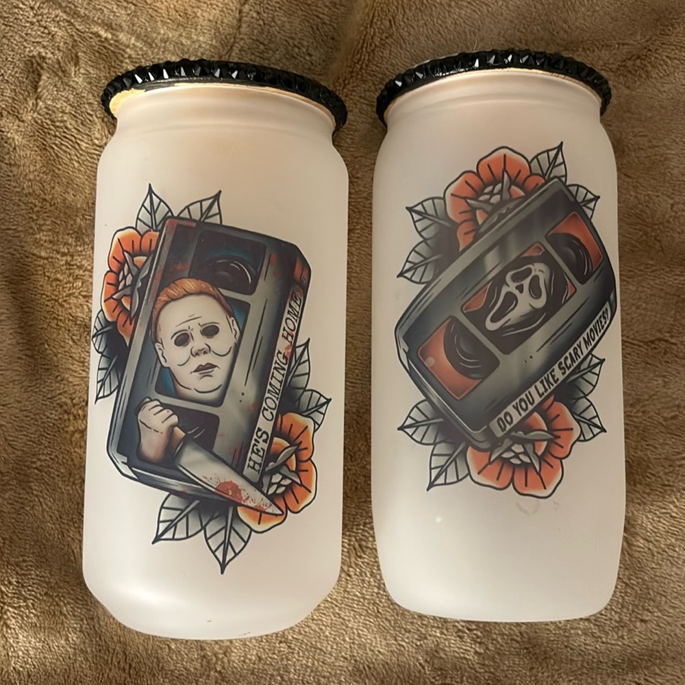 *SOLD* Horror Frosted Glass Cups with Lid and Straw - Michael Meyers, Ghost Face